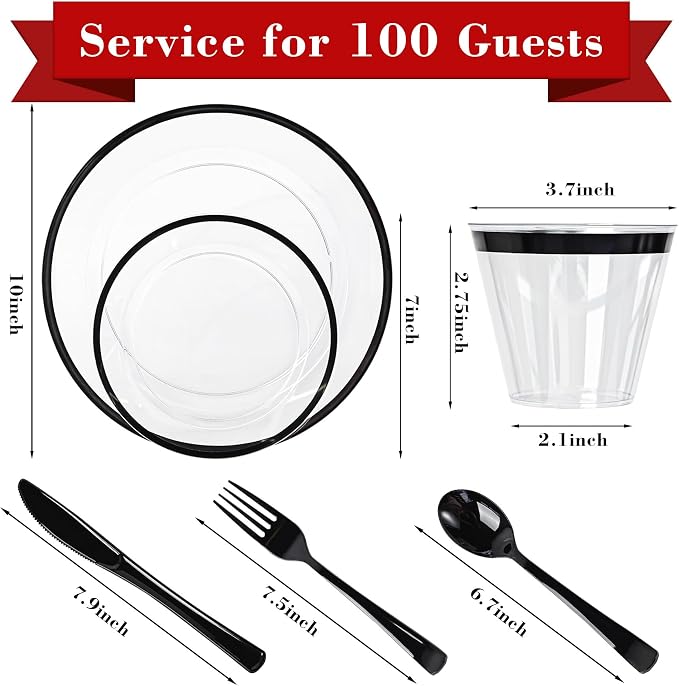 600PCS Clear Black Plastic Plates, Disposable Dinnerware Set for Party | 100 Guest, 100 Dinner & Dessert Plates, Forks, Spoons, Knives, Cups, Black Rim, for Halloween Graduation Labor Day
