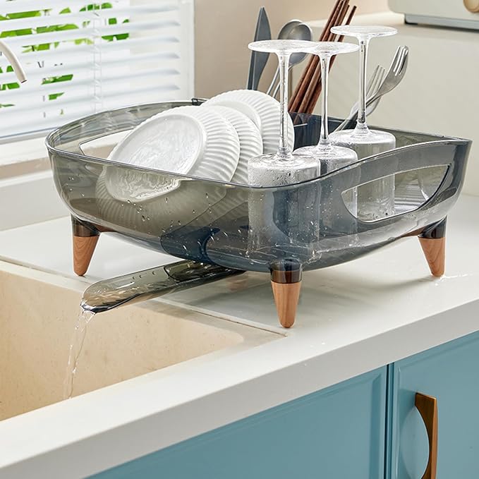 Dish Rack, Dish Drying Rack for Kitchen Counter, Dish Drainer with Drainboard Set and Utensil Holder, Sink Drying Dish Strainer Rack (Transparent Black)
