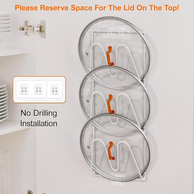Durmmur 2 Pack Pot Lid Organizer, 6-Tier Lid Holder for Cabinet Door & Wall | Rustproof Metal Lid Organizer with No-Drill Adhesive Mounting for Pot and Pan Lids, Space-Saving Kitchen Storage, White