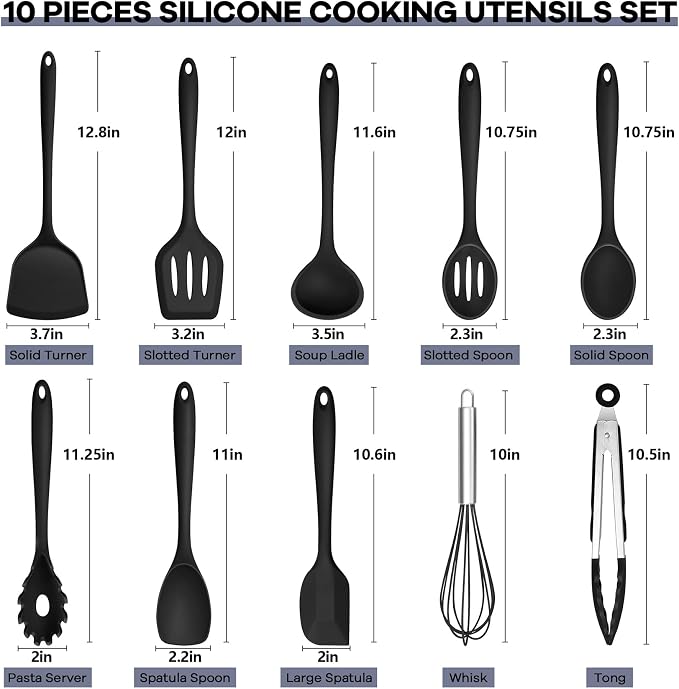 TeamFar Silicone Cooking Utensils, 10 pcs Kitchen Cooking Utensils Set | Heat Resistant Kitchen Gadgets Tools Set w/Spatula, Turners, Spoons, Soup Ladle, Pasta Server for Nonstick Cookware, Black