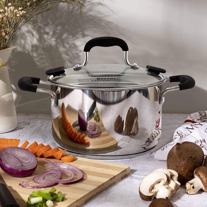 Rorence 3.7 Quart Stainless Steel Stock Pot with Lid, Pasta Pot for Cooking | Stockpot with Pour Spout & Silicone Handles & Glass Lid with Strainer