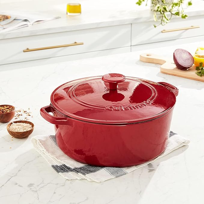 Cuisinart Chef's Classic Enameled Cast Iron Dutch Oven with Lid, Porcelain Enameled Interior, Oven Safe, Induction Compatible, 7-Quart, Round, Red