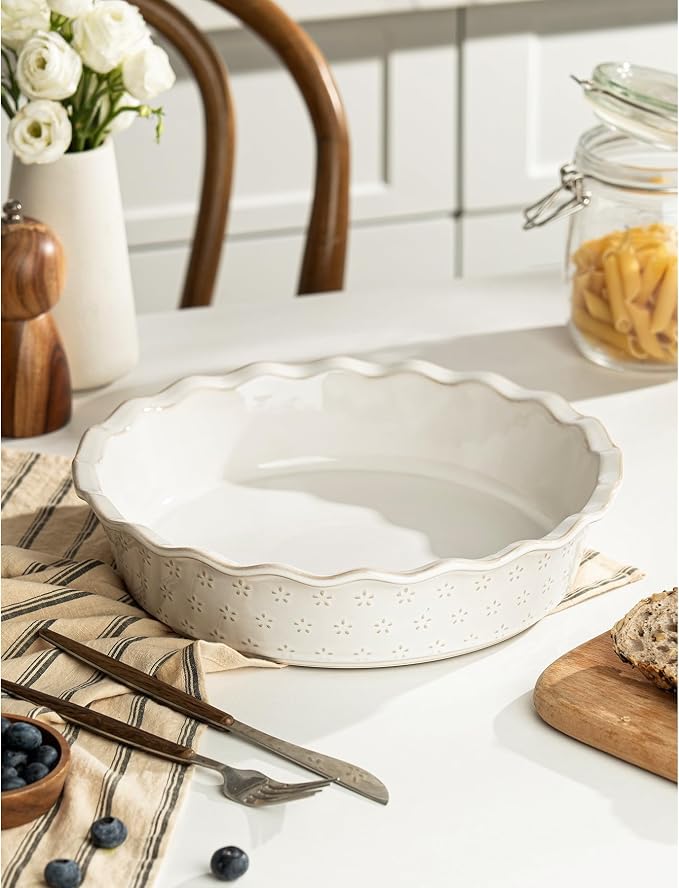 Deep Pie Dish for Baking, Ceramic Pie Pan for Apple Pie, Tart, Quiche Baking Dish, Farmhouse Decor Pie Plate, Deep Dish Pie Pan, Oven Safe, Off-White, Flower