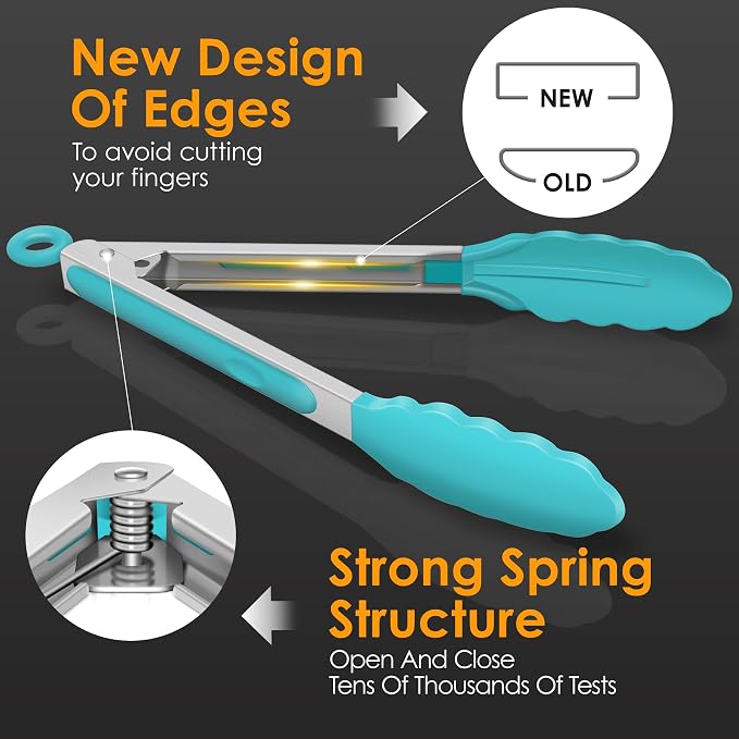 HOTEC Premium Stainless Steel Locking Kitchen Tongs with Silicon Tips, Set of 2-9" and 12", Blue