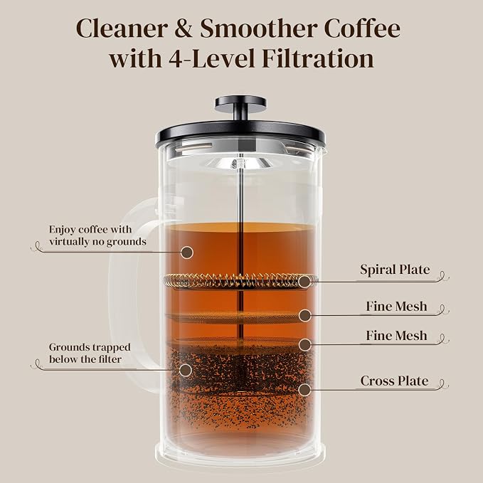 Veken French Press Coffee Maker, No Plastic Touching Cafe,34oz 1 L Cafetera | Thickened Glass Stainless Steel Cold Brew Pot for Kitchen,Travel,Camping,Tea, Gifts, Bar Accessories,Dark Pewter