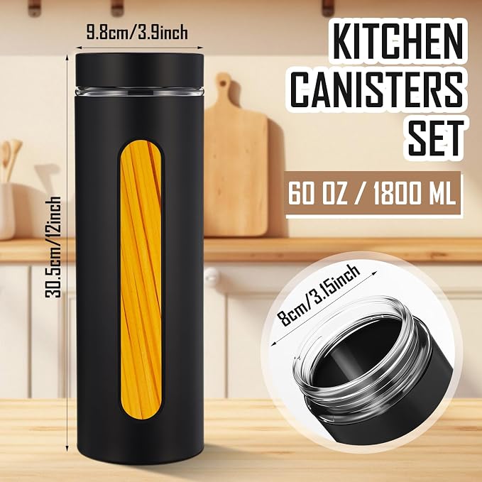 Patelai 6 Pack Kitchen Canisters Set Airtight Stainless Steel Canister Food Storage Container with Window Glass, Coffee Sugar Candy Jars Tea Organizer for Flour Cookies Spice (Black,60 oz)