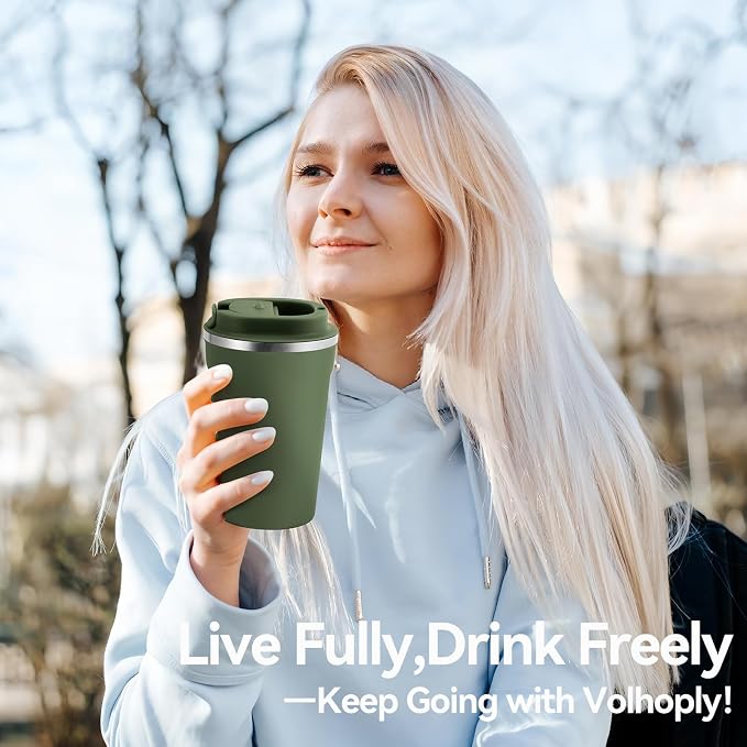 Volhoply 12 oz Double Wall Insulated Vacuum Travel Coffee Mug with Flip Lid,Reusable Stainless Steel Leak Proof Coffee Cup,Portable Cafe Thermal Tumbler Suitable for Hot&Cold Drinks(Army Green,1 Set)