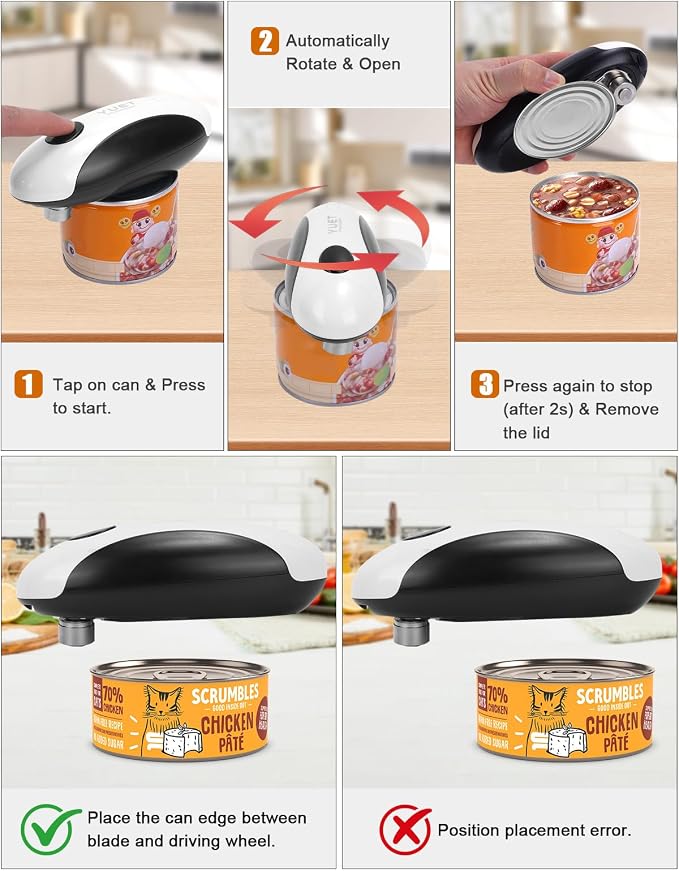 YUET Electric Can Opener, Automatic One-Touch Can Openers with Type-C Rechargeable Battery, Side Cutting Can Opener with Magnetic Lid Lifter, Universal Electric Tin Opener for Round Oval Square Cans