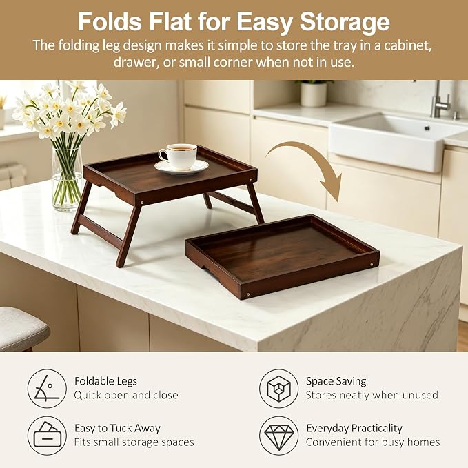 Bamboo Breakfast Trays with Folding Legs, Medium, 2-Pack, Vintage | Set of 2 bamboo bed trays with folding legs and wave handles for meals, laptops and serving in bed or on sofa.