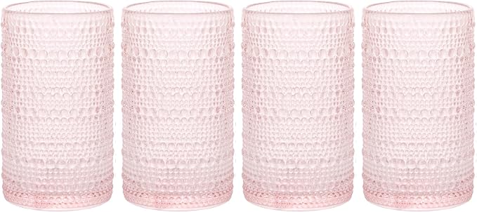 Glaver's Hobnail Drinking Glasses, Pink Vintage Glassware Set, Beaded Drinking Glasses, Set Of 4 15 oz Cocktail Glass Set, Bubble Glasses, For Everyday Usage