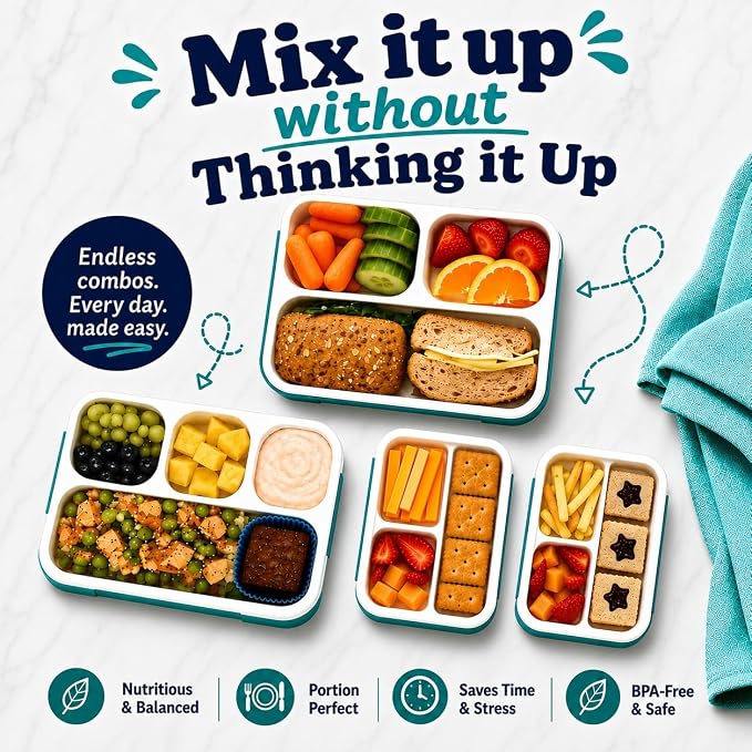 kinsho Bento-Box Lunch and Snack Boxes. Family Pack of 4 Meal Planning Portion Containers for Kids, Women, Adults. BPA Free. Utensils, Blue & Green Set (2 Large + 2 Small)