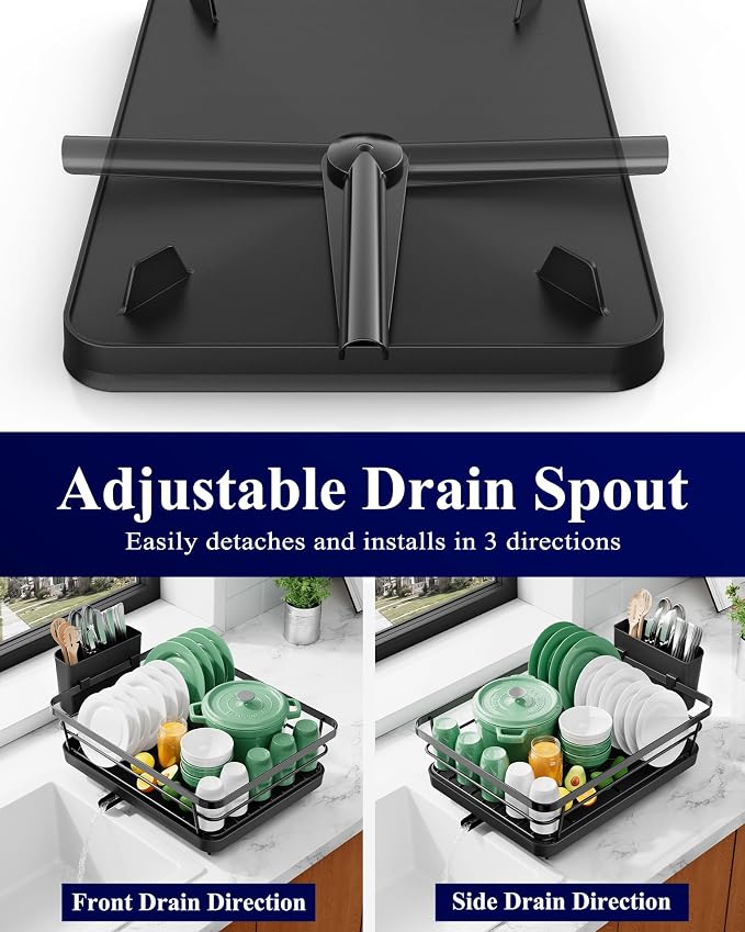 Kitsure Dish Drying Rack for Kitchen Counter, 12''W x 15.5''L, Black | Stainless Steel Sink Organization, Cutlery Holder, Home and Appartment Decor