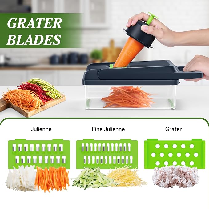 HomeHacks Veggie Chopper Vegetable Cutter, 15 in 1 Kitchen Gadget, Green | Dicer, Slicer, Cutter, Slap Chop, Cheese Grater & Egg Separator - Multi-Functional Salad Fruit Onion Chopper with Container