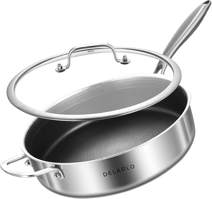 DELARLO Frying Pan,12 inch Tri-Ply Stainless Steel Skillet,6 Quart Saute Pan with lid, Compatible with All Cooktops,Oven Up to 660℉,Chicken Fryer,Dishwasher-Friendly