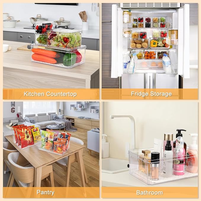 14Pack Fridge Organizer, Stackable Refrigerator Organizer Bins with Lids | BPA-Free Clear Plastic Storage Containers For Kitchen Cabinets, Fridge, Drinks, Fruits, Vegetables, Cereals, Counter Storage