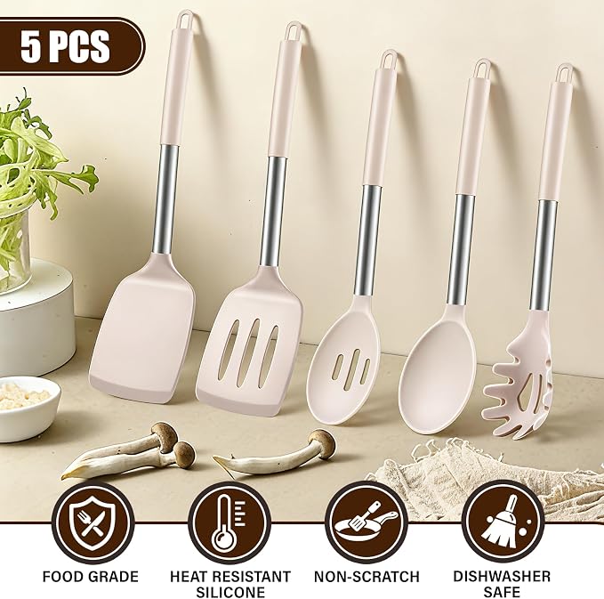 5Pcs Silicone Cooking Utensils Set, Heat Resistant Kitchen Tools Include Solid&Slotted Spatula, Cooking Spoon and Pasta Server, Silicone Kitchen Utensils set for Nonstick Cookware Flipping, Khaki