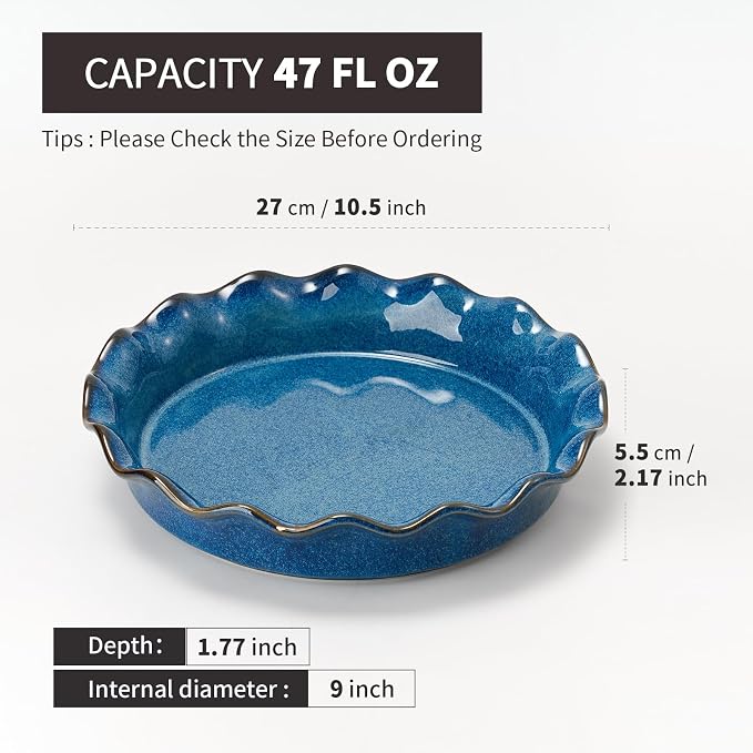 Ceramic Pie Pan for Baking[10.5 inch],Reusable NonStick Ceramic Baking Dish | Reusable NonStick Ceramic Pie Plate with Ruffled Edge,Deep and Fluted Pie Dish for Apple Pie,Quiche,Pot Pies, Tart, etc（Blue）