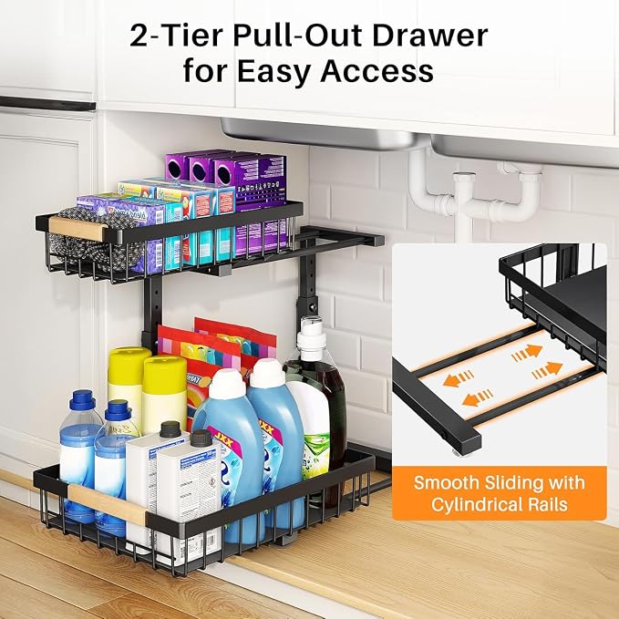 PXRACK Under Sink Organizer, Adjustable Height, 2 Tier Pull Out Under Cabinet Organizer, Slide Out Thickened Metal Under Sink Storage for Kitchen Bathroom Laundry Pantry Cabinet, Black, Large-2-Pack