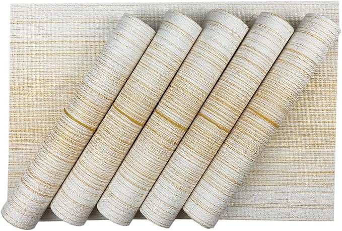 WAZAIGUR Placemats Set of 6, Woven Vinyl Table Placemats, Yellow with White | Placemat, Blending Color Durable Washable Place Mats Indoor Outdoor Heat-Resistant Anti-Skid Kitchen Dining Table Mats