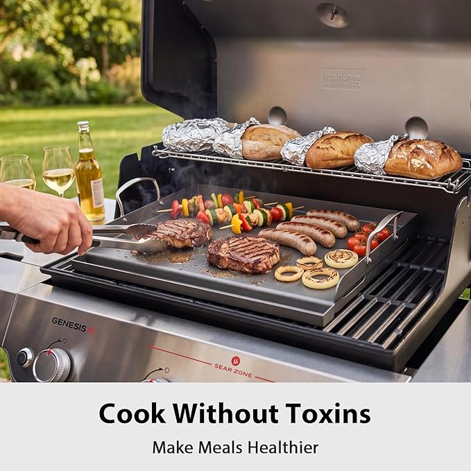 Utheer Cast Iron Griddle for Gas Grill, 25 x 16 Inch Flat Top Plate | Large cooking surface with removable handles, ideal for burgers, steaks, vegetables, camping and tailgating