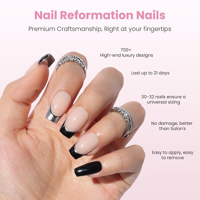 Nail Reformation Press On Nails, Smoky Mirror | Short Coffin Fake Nails | Nude Base & Black Chrome French Tips, Reusable Stick On Nails Kit - 32 Pcs in 16 Sizes with Glue, Manicure Gifts for Women