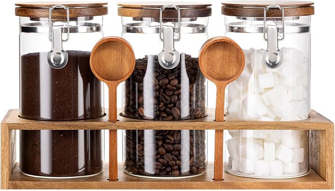 Coffee Canister with Shelf: 3P 45OZ Glass Airtight Coffee Holder | Large Capacity Coffee Container w/Acacia Scoop - Kitchen Food Storage Jar for Ground Coffee/Tea/Sugar/Cereal/Nuts/Coffee Bar