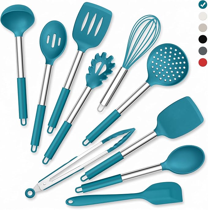 Onader 10 Pieces Silicone Kitchen Utensils Set, Cooking Utensils with Holder and Heat Resistant Stainless Steel Handle for Nonstick Cookware -Blue