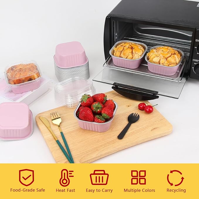 LNYZQUS 10oz Mini Cake Pans with Lids, Small Cinnamon Roll Containers | 40 Pack, Individual, Pink, Disposable, Aluminum Foil, Square Baking Tins, 4 Inch Dessert Cups for Bake Sale Treats