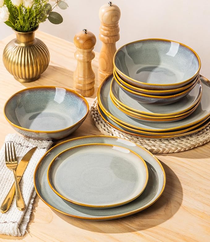 Ceramic Dinnerware Set for 4, 12-Piece Plates and Bowls Set | Handmade Reactive Glaze Dish Set, Scratch Resistant, Oven & Microwave & Dishwasher Safe, Dusk Blue
