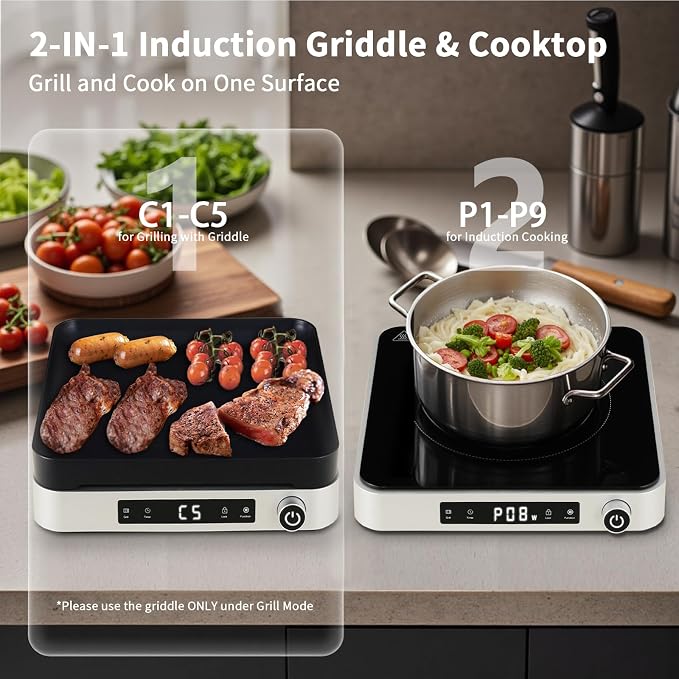 Cooktron 2-in-1 Induction Cooktop with Grill Pan – Portable 1 Burner Induction Hot Plate 1800W, Removable Griddle, 10 Power & 5 Temp Levels, Touch & Knob Control for Kitchen or RV Camping