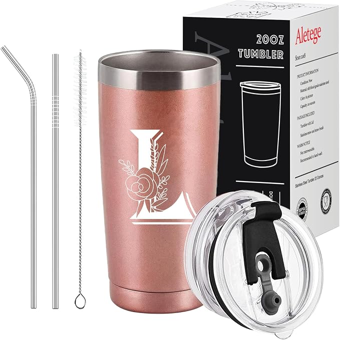 Letter L Insulated Travel Cup with Lid, Personalized Initial Mugs for Women, Letter L Gift Coffee Mugs for Women, Wife, Mom, Grandma, Bridal Shower Gifts, 20 OZ Rose Gold Two Lids