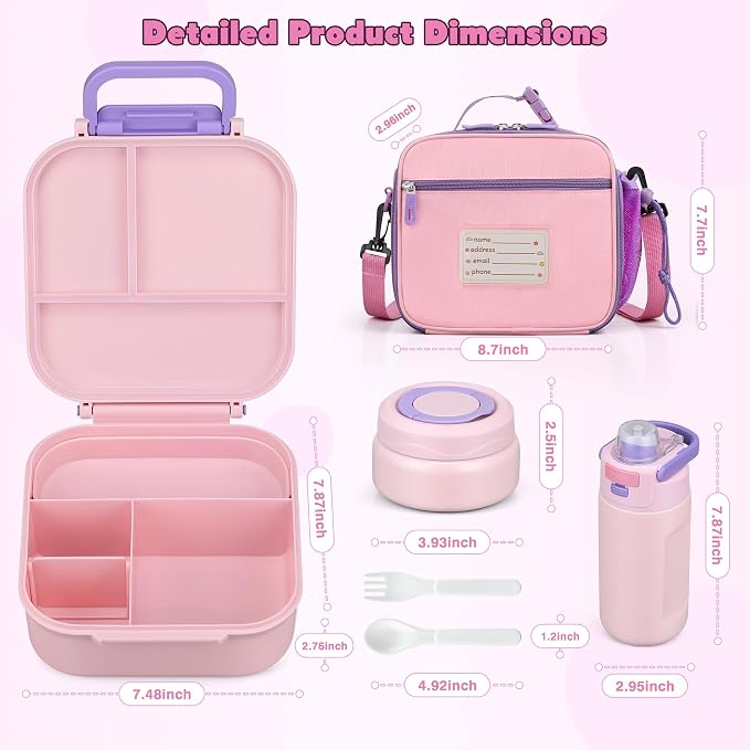 Bento Lunch Box for Kids with 7oz Soup Thermo,Insulated Stainless Steel Kids Water Bottle with Straw and Insulated Lunch Bag,Leak-Proof Lunch Food Container with Ice Pack for School(Pink)