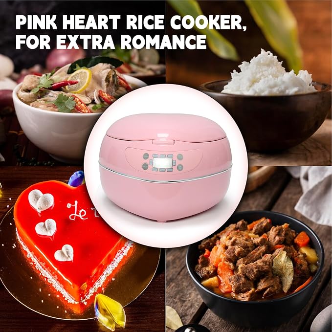 Heart Shaped Pink Rice Cooker 300W, Small Cute Rice Cooker (1.8L, 4Cups) | High Power Preset Timer Automatic Heat Preservation for New Year Valentine's Day Gifts
