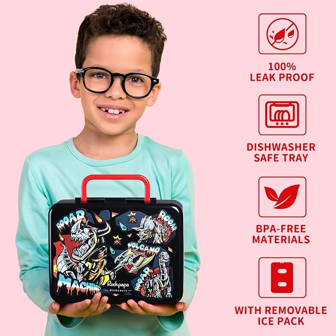 rockpapa Chill Bento Box for Kids- Large 5.5 Cups Lunch Box with Ice Pack - 5 Compartments, BPA-Free, Leak Proof, with Utensils & Portable Handle, Microwave/Dishwasher Safe (Black Dinosaur)