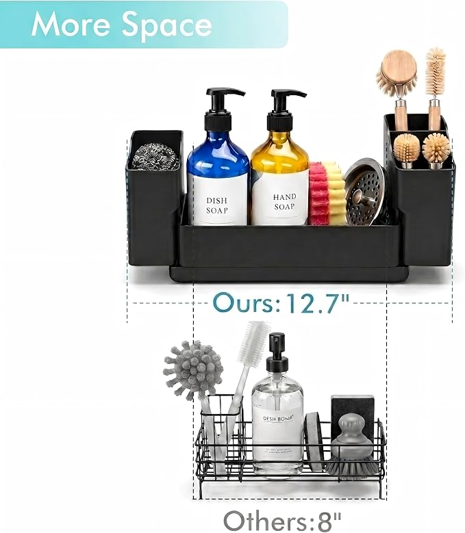 Sponge Holder for Kitchen Sink with Drying Stone, Black | Kitchen Caddy Sink Organizer, 2 Removable Cups, Premium ABS, Anti-Slip, 12.7" Sponge and Soap Holder for Kitchen Counter
