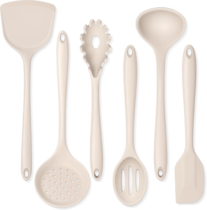 Onader Kitchen Utensils Set, Silicone Non Toxic Cooking Utensils, Khaki | 6 Pcs Heat Resistant Kitchen Gadgets Set for Nonstick Cookware, Dishwasher Safe