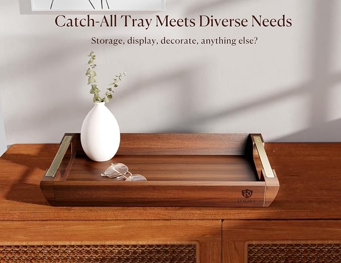 Acacia Wood Serving Tray with Metal Handles, 17x13in Large Ottoman Tray, Food Drinks Tray for Coffee Table, Breakfast, Dinner & Bar, Rustic Decorative Tray for Kitchen, Bedroom Gift Box | Perfect for Breakfast, Drinks, Decor, Appetizers and Snacks, Ide...