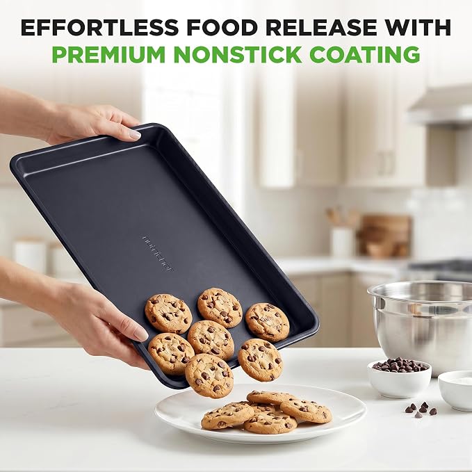 NutriChef Non-Stick Cookie Sheet Baking Pans, 2-Piece Oven Baking Trays w/ Superior Nonstick Coating - 15" x 11" & 13" x 9" Sizes for Convenient Roasting & Baking - Dishwasher Safe