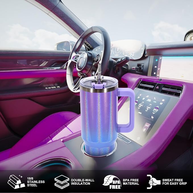 30 oz Shiny Tumbler with Handle and Straw,Stainless Steel Tumbler with Lid and Straw,Insulated Travel Mug(Cold for 34 Hours),Water Bottle for Iced Tea,Coffee (Purple)