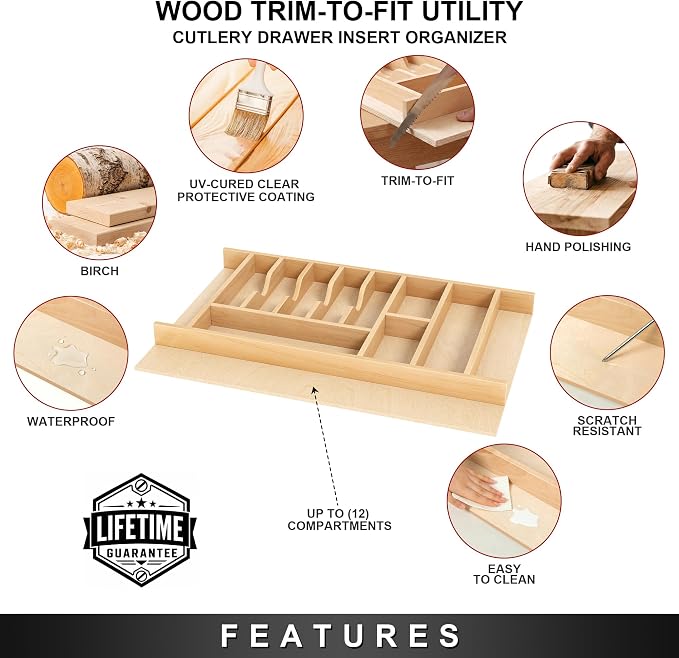 Clikuutory Natural Birch Wood Utensil Drawer Insert Organizer with 12 Compartments, Space-Saving Sturdy Drop-In Cutlery Divider Tray, Kitchen Cabinet Storage for Silverware, Spoons, Forks and Knives