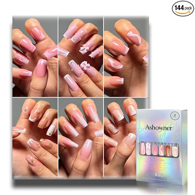 Press on Nails, 6 Packs (144 Pcs) Medium Square French Sets, Pink Charms