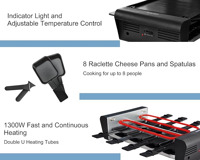 TAMARIT Raclette Table Grill for 8, Electric 1300W | Raclette grill, 8 cheese trays, reversible nonstick plate, 14.2 x 8.8 in
