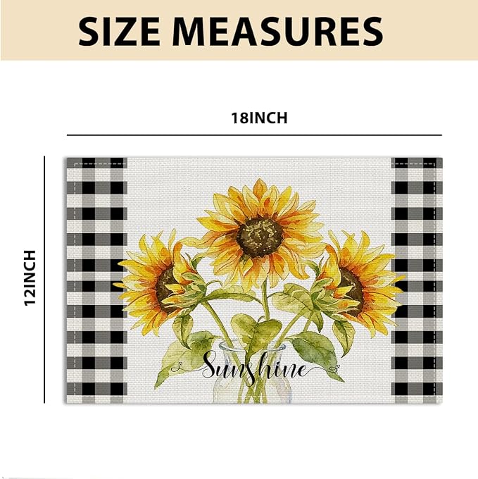 Sunflower Sunshine Vase Summer Placemats Set of 4, Outdoor Home Party Decor | Buffalo Plaid Spring Table Mats for Kitchen Dining Decoration, Washable Non-Slip Heat Resistant Linen Fabric Place Mats