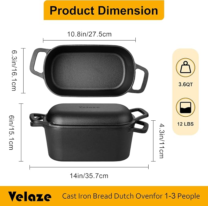 Velaze 3.6 QT Oval Cast Iron Dutch Oven for Bread Baking, Offset Handles | Bread Pan with Lid for Sourdough Sandwich,Small Households Baking,Gift for Bread Bakers,Deep Base,Oven Safe,Black