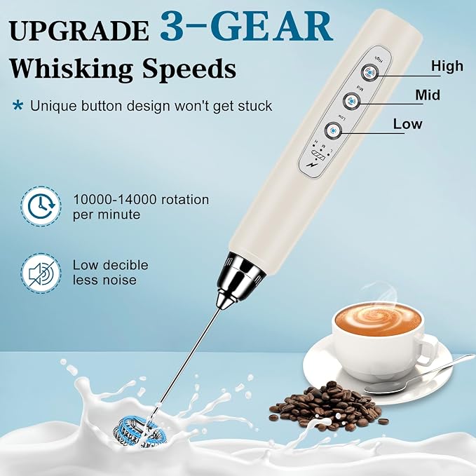 Milk Frother Wand Rechargeable Handheld Whisk Coffee 3 Speed Adjustable | Electric Whisk Drink Mixer with Stainless 3 Whisks Hand Frother , Foam Maker for Latte Cappuccino Matcha Egg Silver
