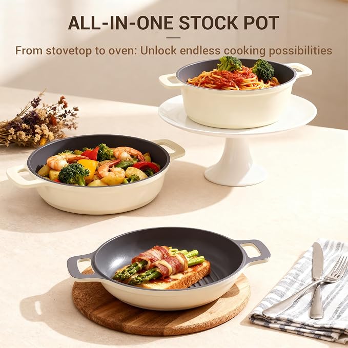 8-Piece Non Stick Stock Pot with Lid, Ceramic Cooking Pot Set, 4.5 Qt All-in-One Non Toxic Soup Pot for All Stoves, Easy to Clean & Dishwasher Safe, Oven Safe, Induction Ready, PFOA PFAS Free