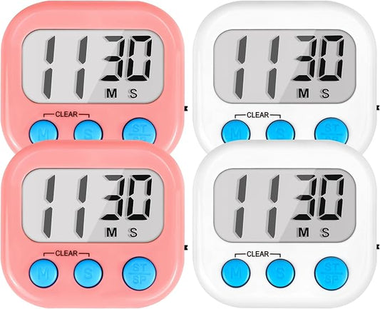 Timer for Kids Digital Kitchen Timers for Cooking- 4 Pack White Pink | Countdown Timer for Classroom Study Exercise Teacher Supplies, Strong Magnetic, Loud Alarm, Large Screen, Fast Reset, Memory