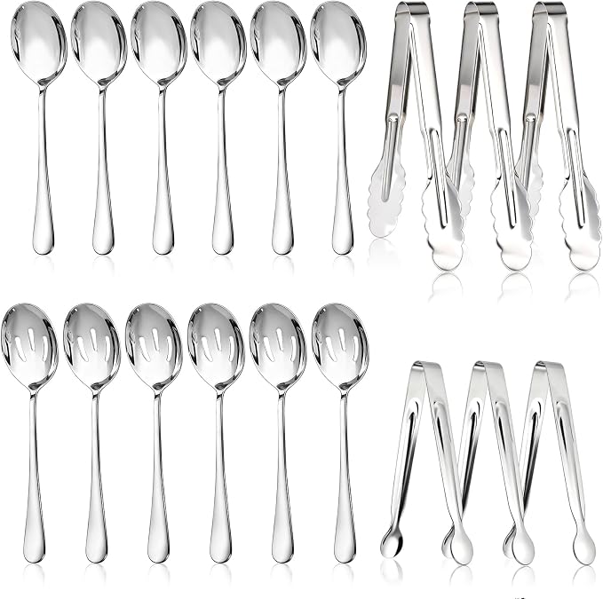 Mwellewm 18Pcs Serving Utensils Set Serving Tongs Serving Spoons for Buffet | Dishwasher Safe, Silver Stainless Steel Tableware, Metal Cutlery, for Parties Weeding Entertaining Catering Banquet Birthday
