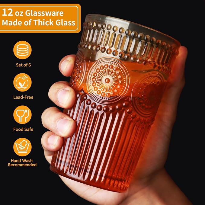 Loivttvv 6pcs Vintage Drinking Glasses Set, 12 oz Amber Highball Glasses, Embossed Ribbed Glassware Cups for Thanksgiving Cocktail, Juice, Whiskey