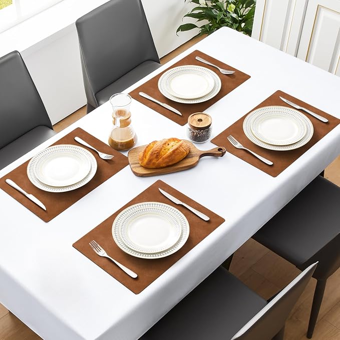 MOSAYT Vinyl Placemats Set of 12-12 X 17 Inch - Faux Leather 100% Waterproof Oil-Proof Wipeable PU Place Mats, Heat Resistant Reversible Table Mats for Kitchen, Dining, Outdoor, Reddish Brown